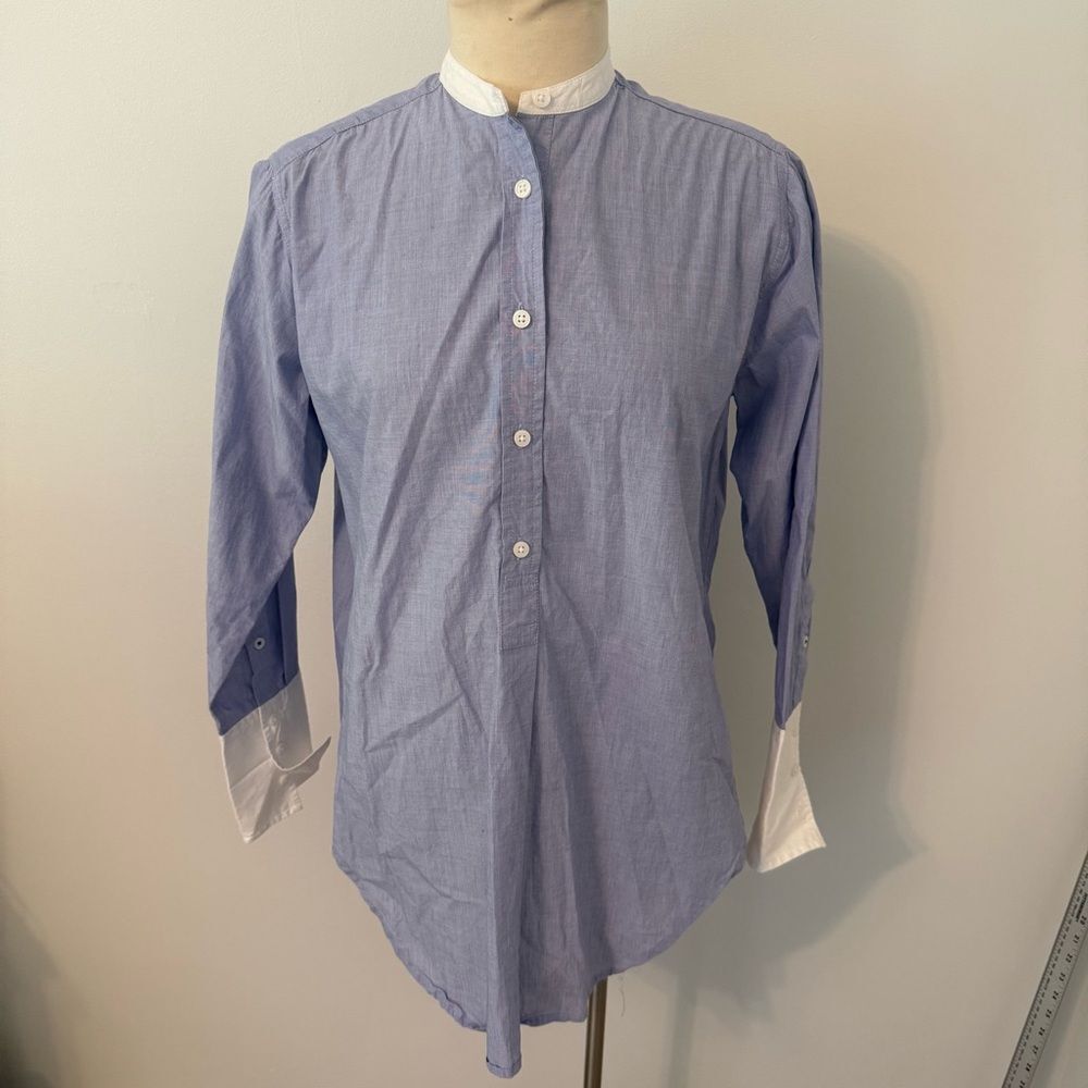 J. Crew Chambray Blue Relaxed-Fit Collarless End-On-End Cotton Tunic Shirt 4 - Picture 2 of 10